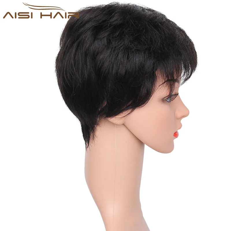 Aisi Hair Short Pixie Cut Human Hair Wigs For Women Hand Tied Straight Black Wig Indian Human Hair Wigs