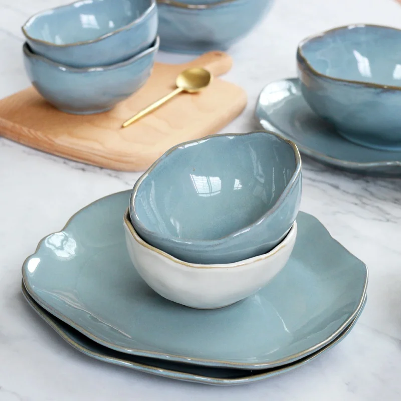 Irregular shape ceramic tableware set with elegant gloss blue reactive glaze for wholesale