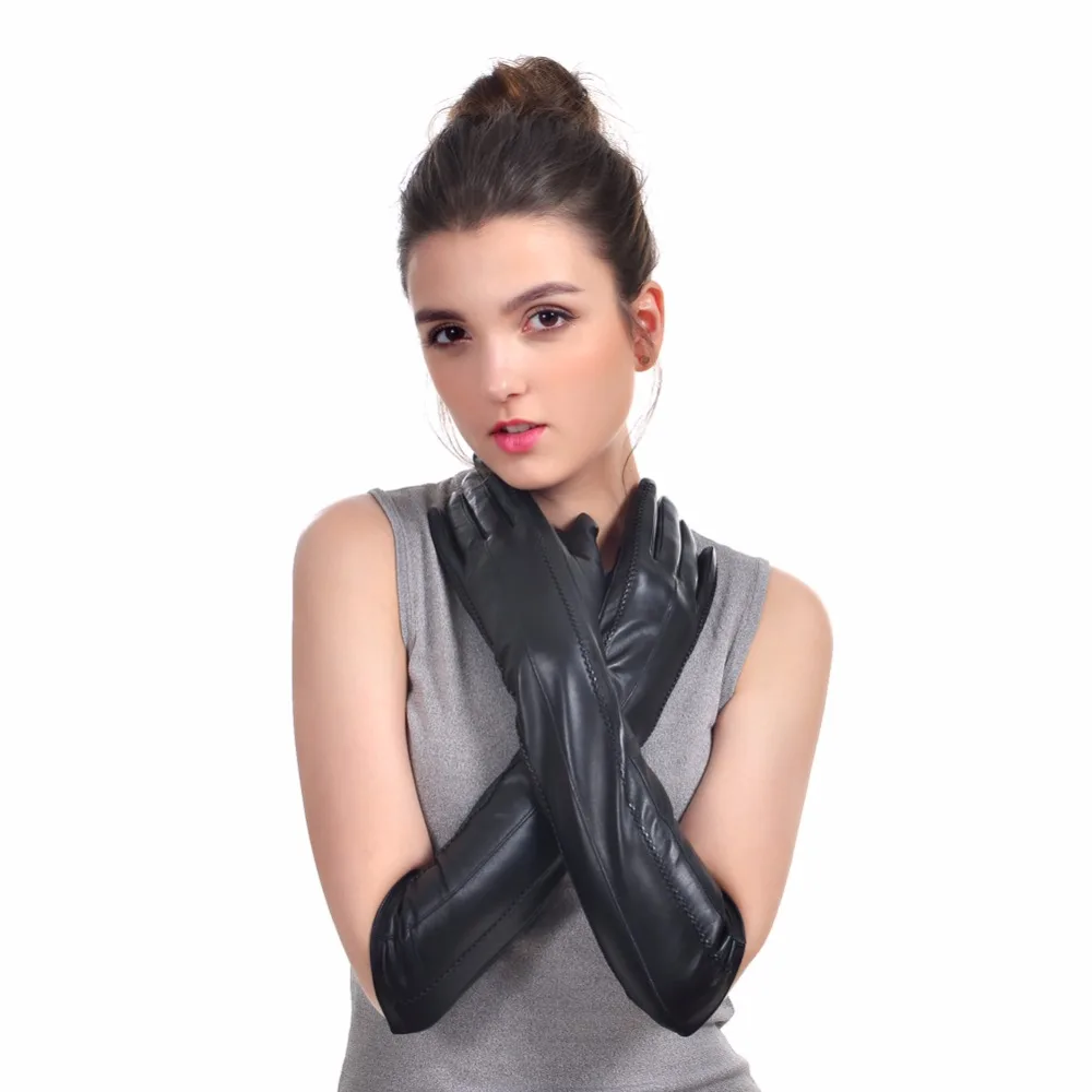 Женские модные стильные длинные кожаные перчатки, зимние белые кожаные перчатки