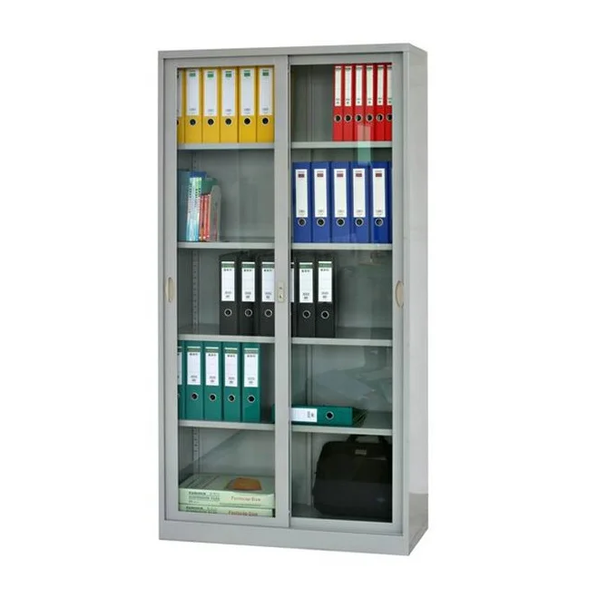 Hot Sale Steel Frame Glass Sliding Door Rolling Filing Cabinet with 4 Shelves Office Cupboards Design