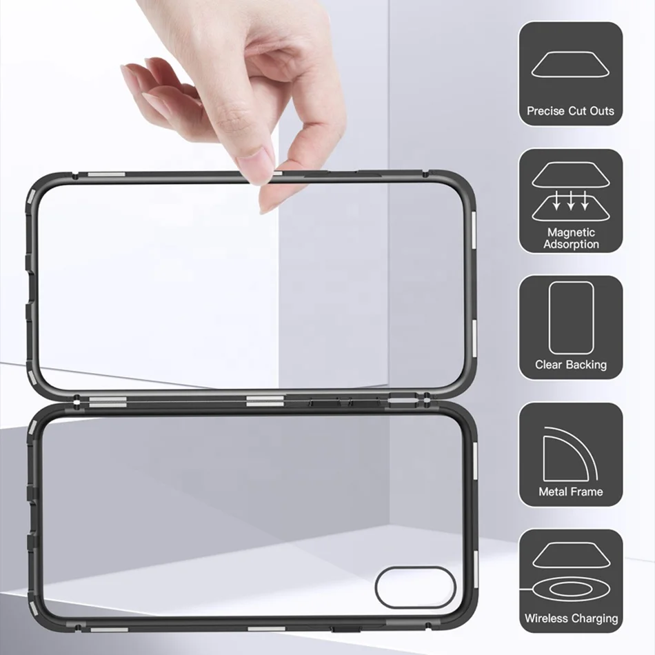 cell phone Magnetic Adsorption Aluminum Bumper Tempered Glass Back mobile Case covers For iphone X XR XS Max