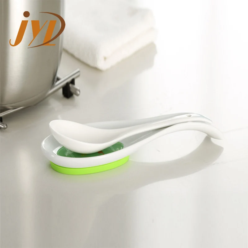 China factory custom super white porcelain printed decal ceramic BBQ dish spoon rest holder in bulk with long handle