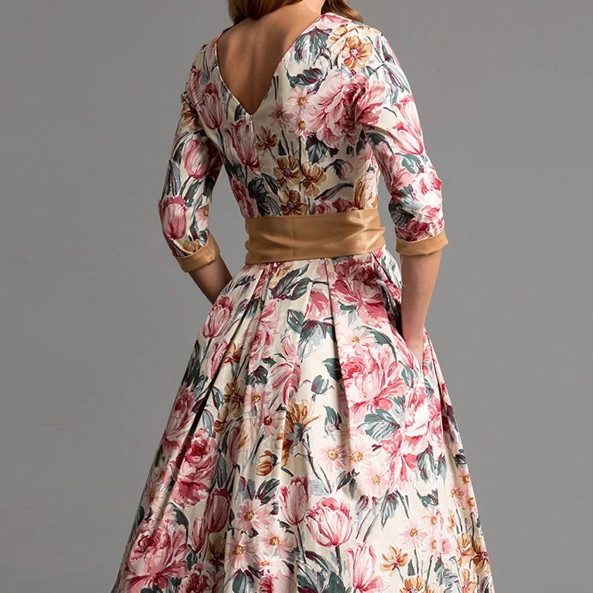 Elegant Bohemian printing long O-neck 3/4 sleeve big hem women spring summer dress