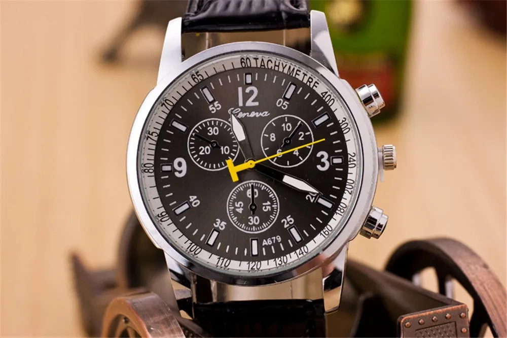 
2015 leather strap yellow second hand arabic number geneva watches 