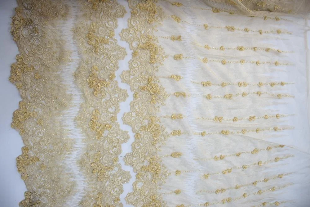 New gold 3d flower lace embroidered fabric pretty african tulle bead pearl lace fabric for party HY0922-1