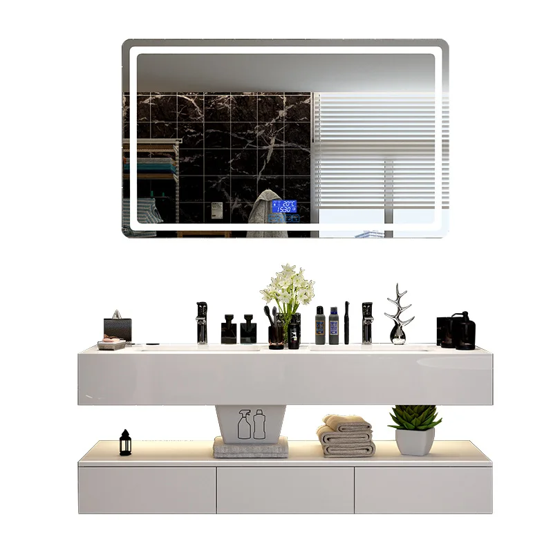 Marble Wash double basin bathroom vanity Artificial stone cabinet mirror with lights function wooden cabinet