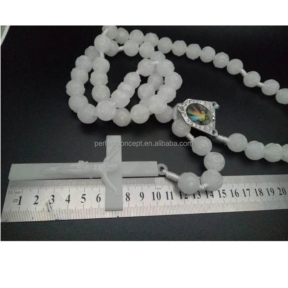Glow in the dark rosary plastic cross necklace