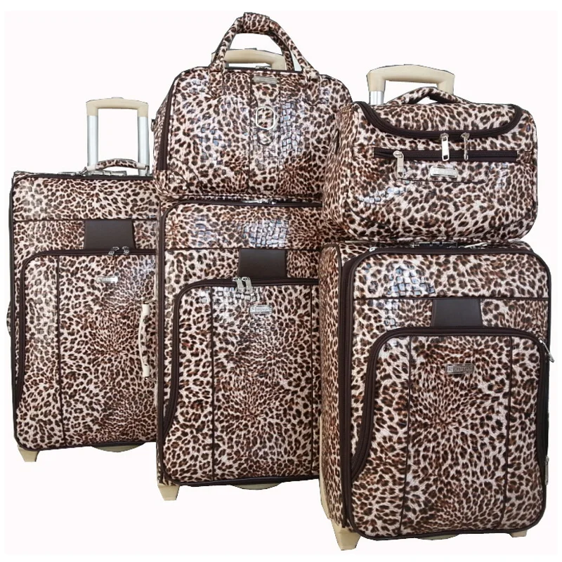 pu leather rolling spinner suitcase leopard 4 wheels 5pcs trolley case