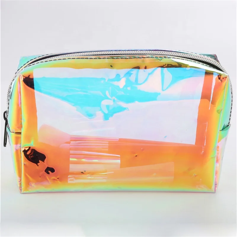 Holographic transparent shiny laser toiletry pouch portable waterproof beauty makeup pouch pvc cosmetic bags