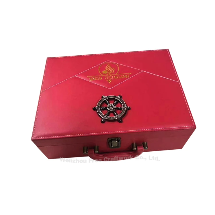 Luxury Design Custom Handle Portable Deluxe PU Leather Wine Gift Box with Wine Decanter Set