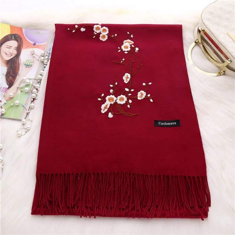 Factory Wholesale Tassel Floral Embroidered Cashmere Scarf Pashmina