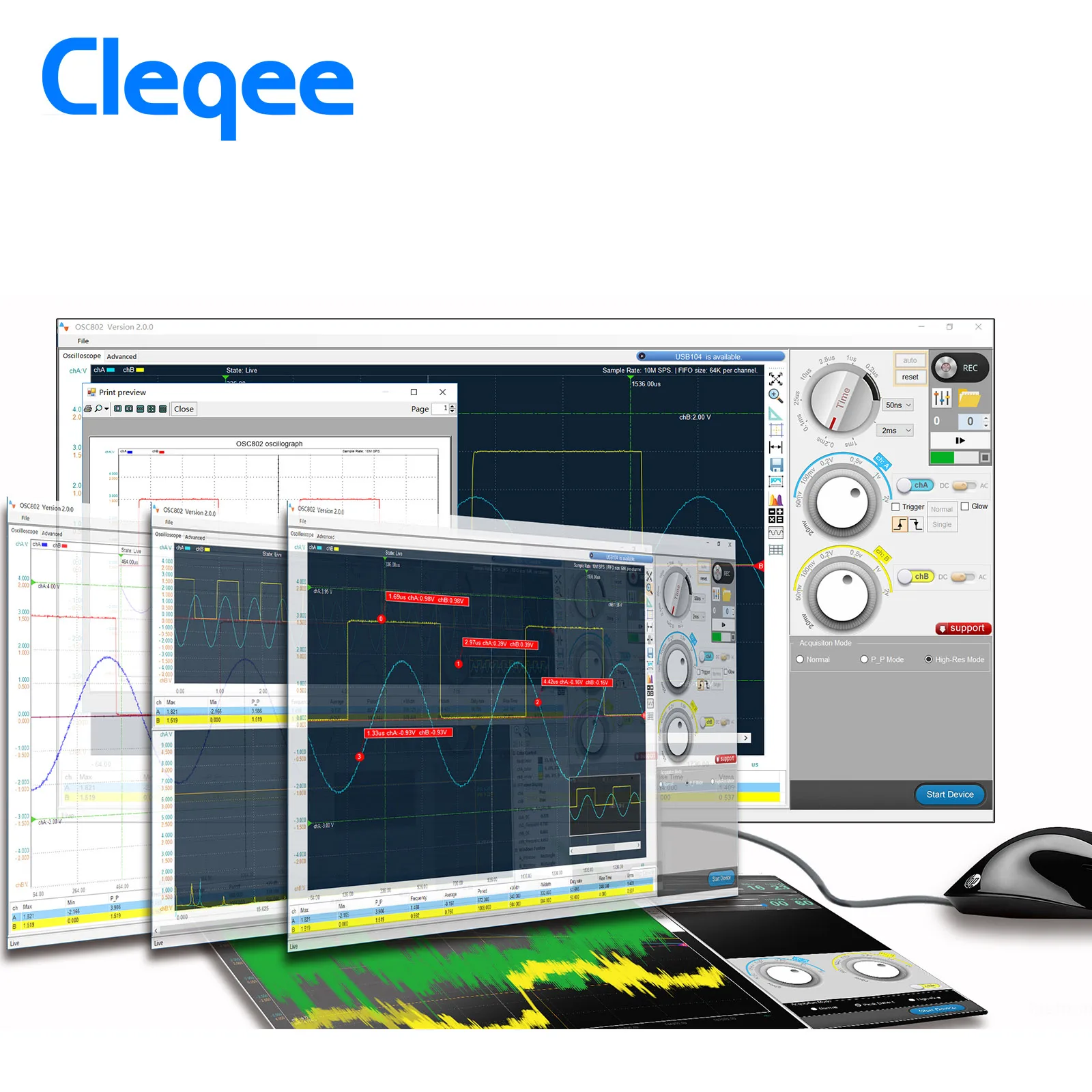 Cleqee C550 PC Virtual Digital Handheld Oscilloscope 2 Channel Bandwidth 50Mhz sampling data 1G with probe USB cable