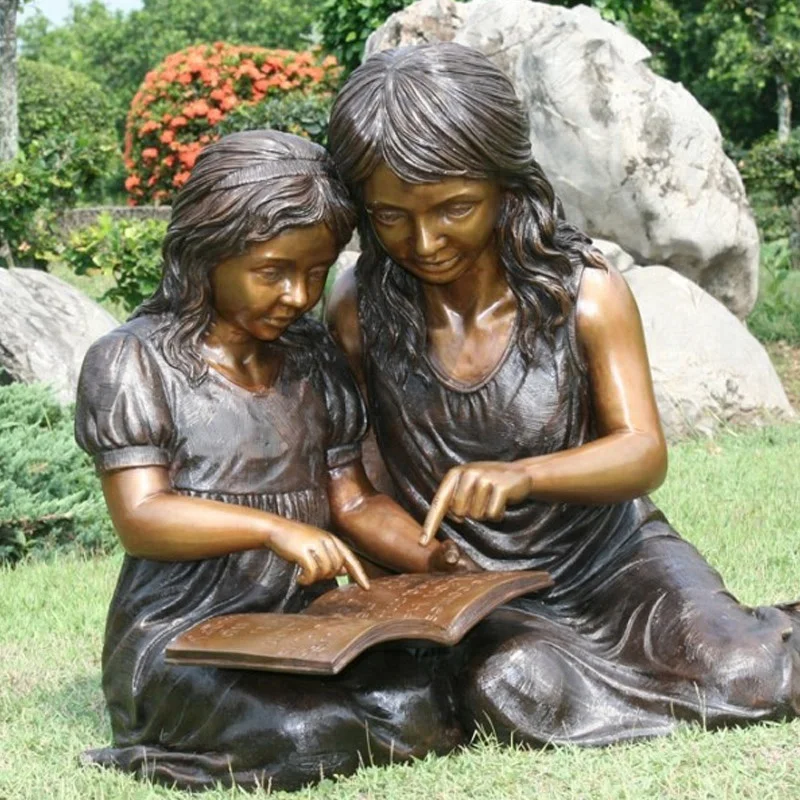 
popular design bronze children cute girl reading book statue for outdoor garden park ornament 