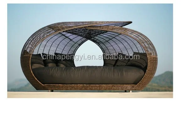 Rattan Beach Pool Lounge Bed Outdoor wicker Sun Bed With Canopy