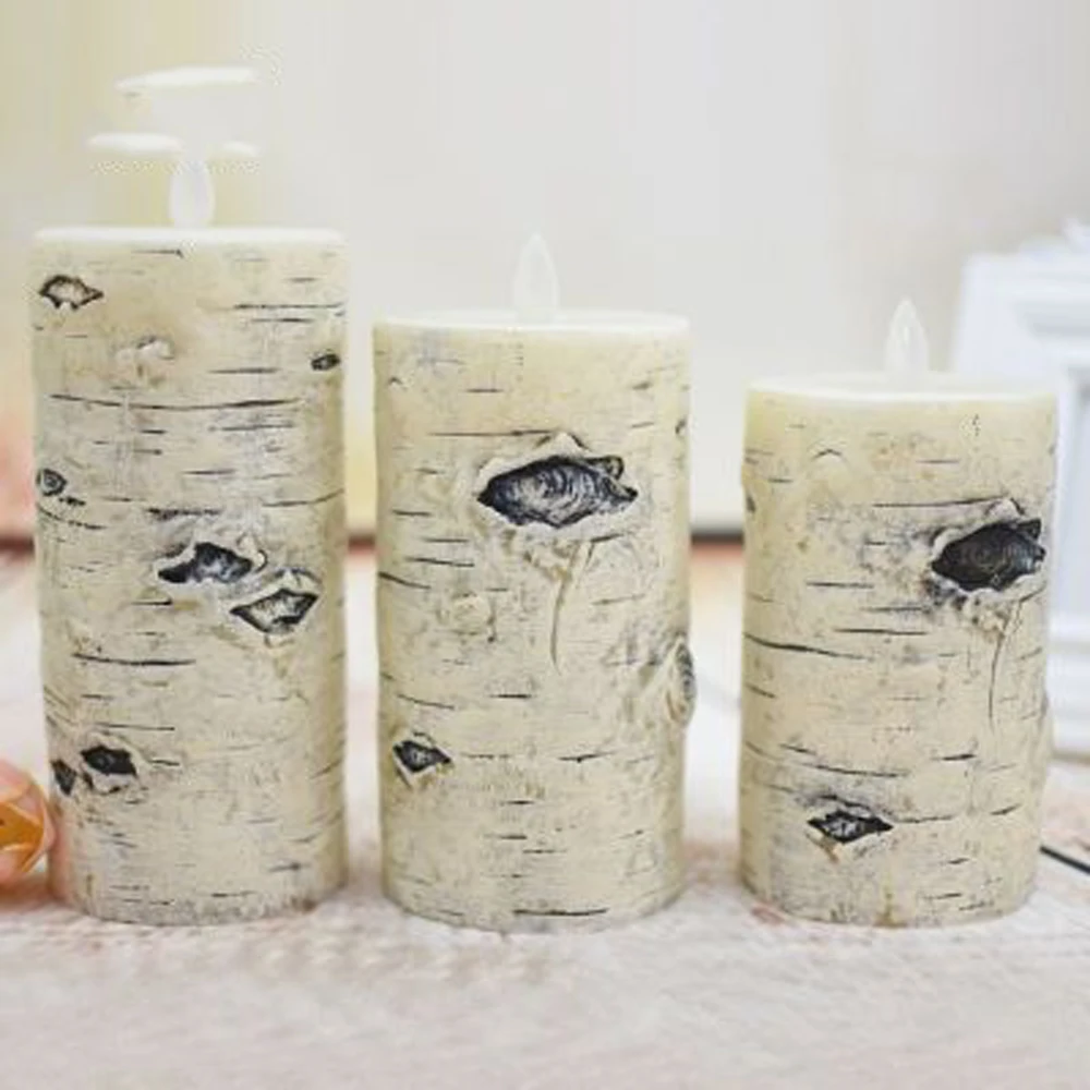 
Birth Tree Texture Flameless LED Real Wax Flickerling Moving Wick Pillar Candle With Timer Remote Control 
