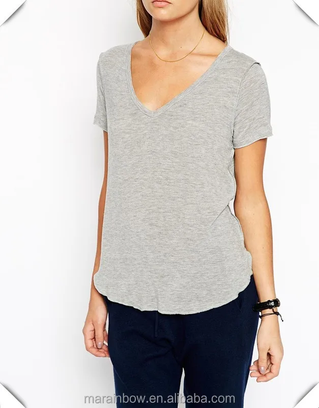 
Cotton Spandex White / Grey Plain Womens Deep V Neck T Shirt with Raw Trim and Seam 