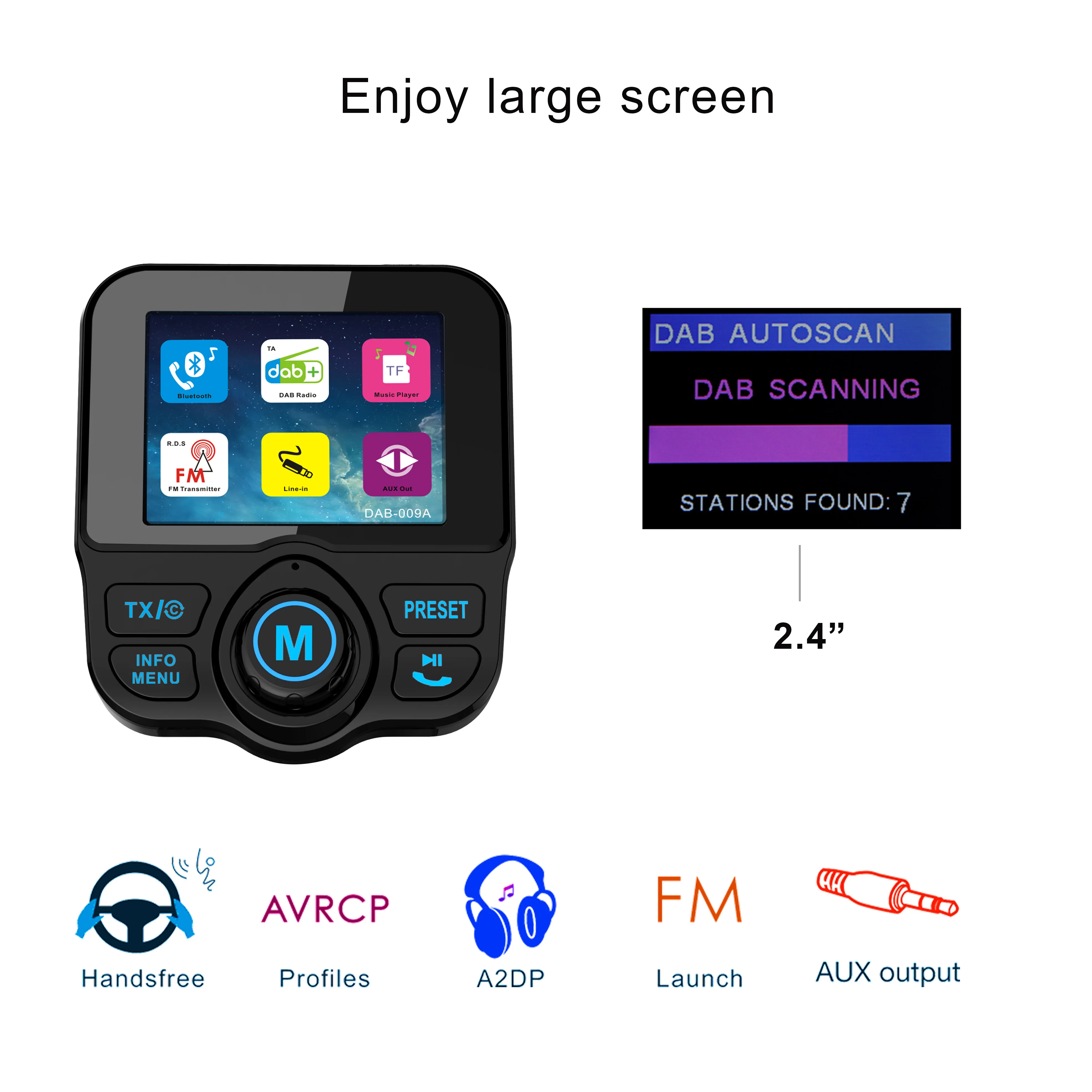 DAB container Car DAB Radio Receiver Tuner USB Adapter bluetooth Car Transmitter TF/AUX Antenna LCD Display Digital Radio Handsf
