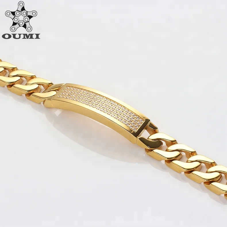 OUMI New Mens Two Line Big Thick Bracelet Gold Plated Stainless Steel CNC Zircon Stone 18k Yellow Italian Charm Bracelet CN;GUA