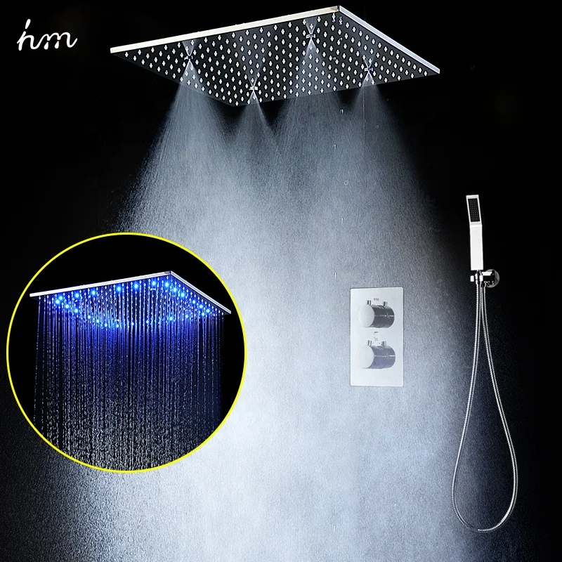 Bathroom Accessories Shower 3 Ways Thermostatic Valve Shower Set With 20 Inches 304ss Rain Mist Shower Head LED Lighting