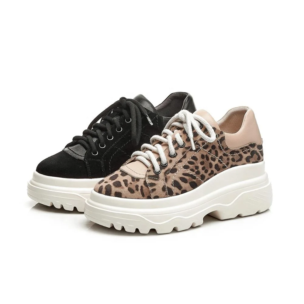 
MANRINO-0376 Unit Thick Sole Sports Shoes Lace Up Leopard Print Suede Upper Girls Fashion Sneakers 