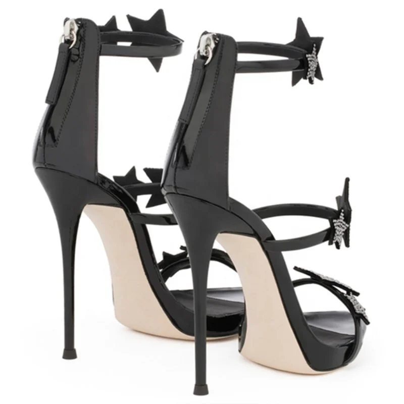 
MANRINO-0362 Open Toe Black Patent Pu Leather Upper Crystals Decor Womens Thin Straps Fashion Slim High Heel Sandals 2019 