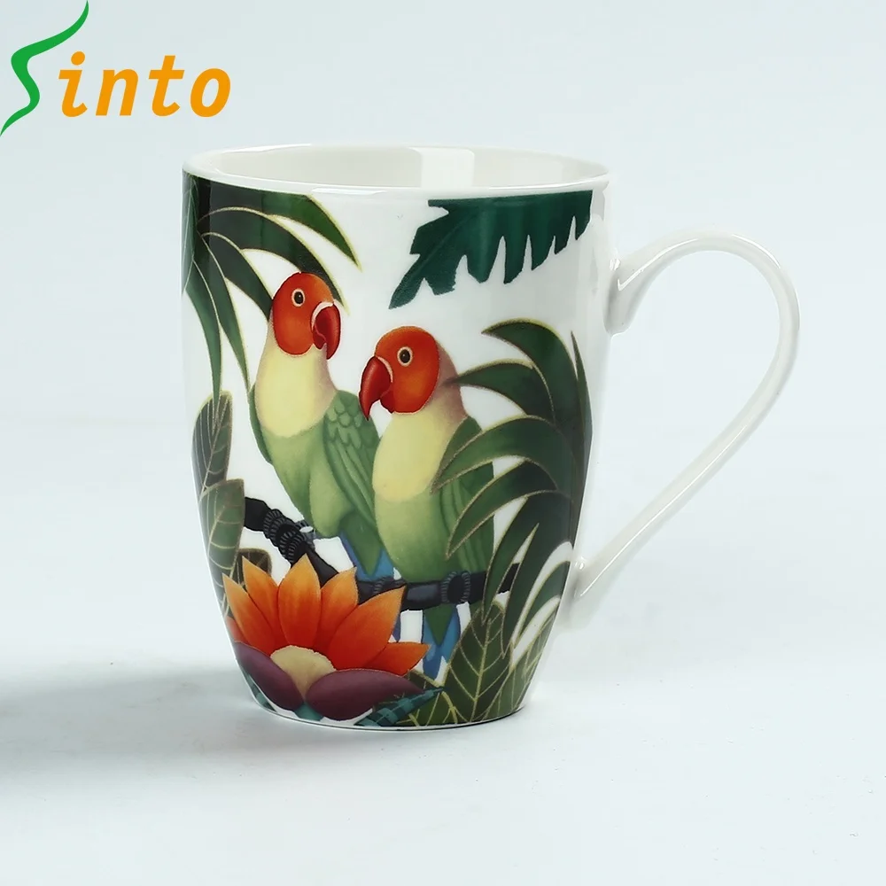 12 OZ 2018 Newly designed parrot and floral printing porcelain mug