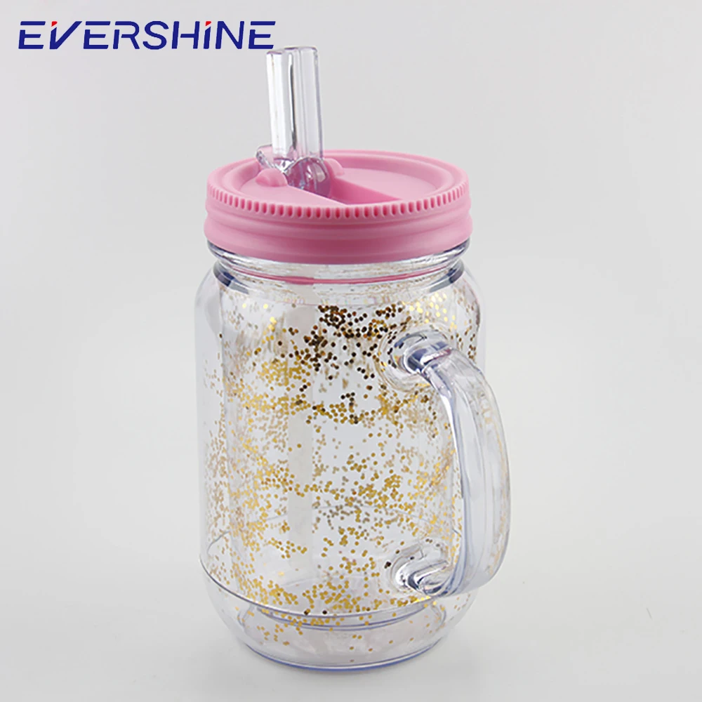 Ningbo wholesale 20oz colorful logo printing double wall drinking plastic mason jar with handle