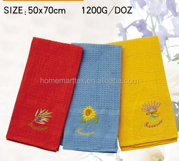 
yarn dye waffle weaving kitchen tea towel with embroidery 