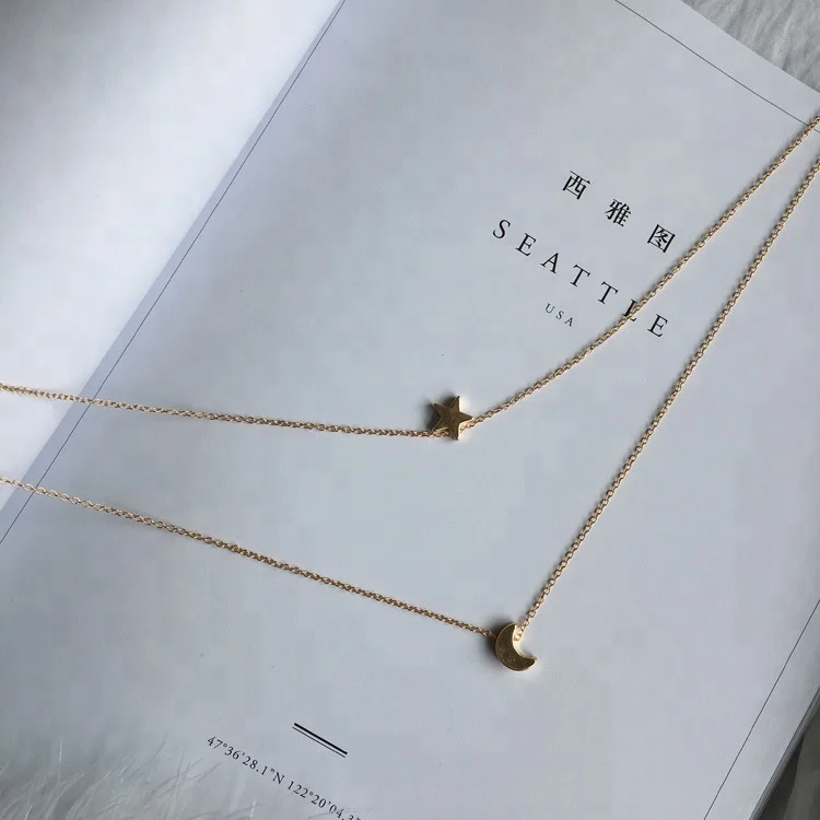 Korea fashion design alloy star moon pendant two layered necklace