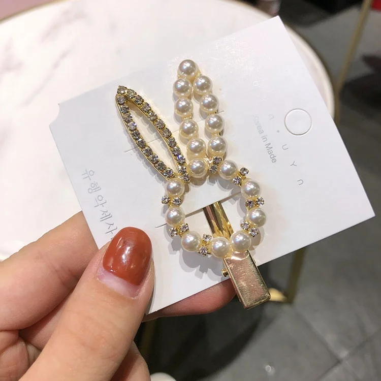 Sweet cute women girls gold plated pearl rabbit barrettes hair clip