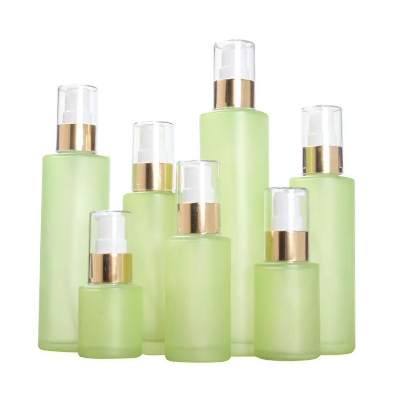 
wholesale frosted green 20ml -120ml cosmetic glass package / cream jar /glass bottles set and jars 