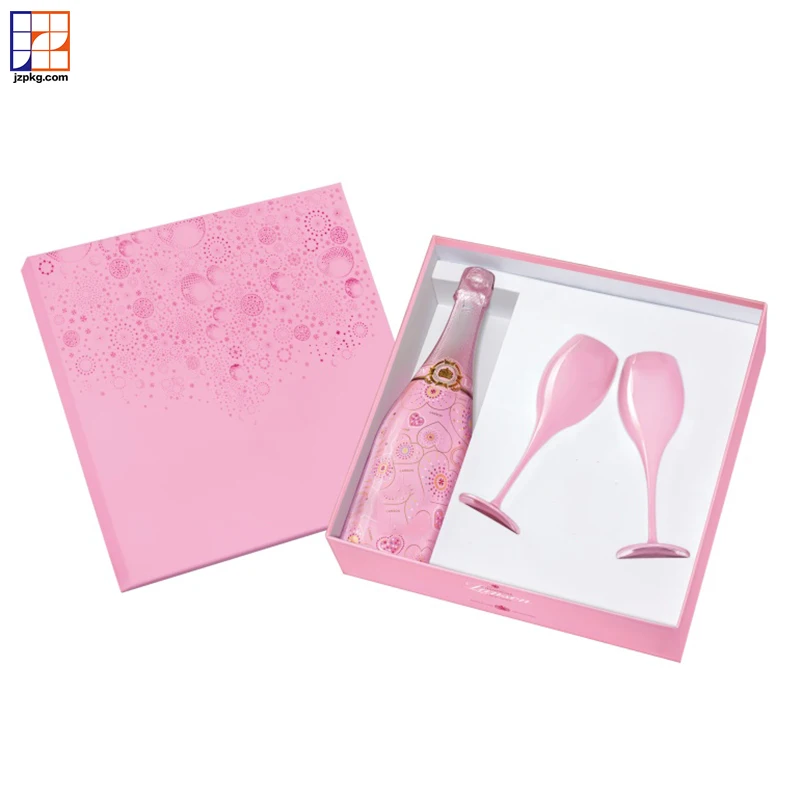 Custom logo pink premium packaging gift box for champagne bottle and glasses