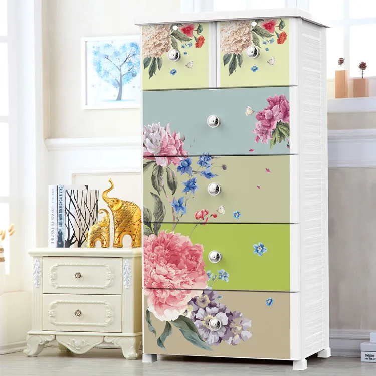 beautiful flower bedroom plastic cabinet drawer 5 layer