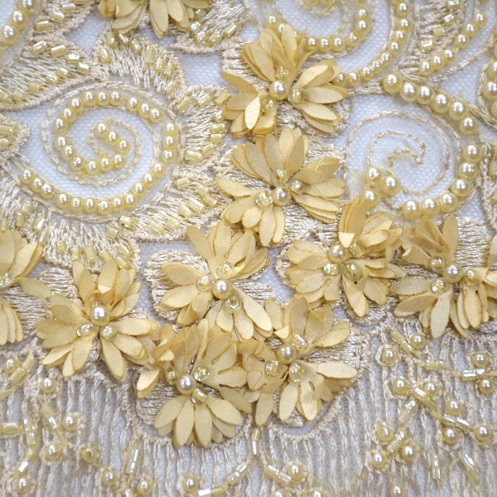 New gold 3d flower lace embroidered fabric pretty african tulle bead pearl lace fabric for party HY0922-1
