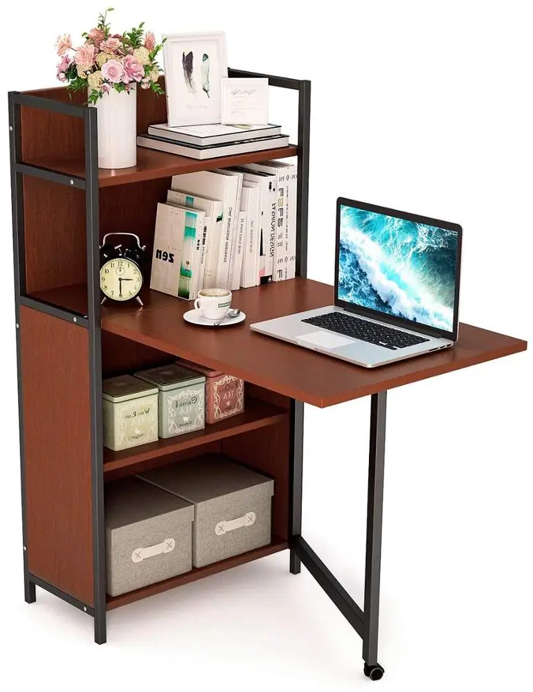 Folding Computer Desk with Bookshelves, PC Laptop Study Table Writing Desk with Storage Shelves for Small Space Teak+Black