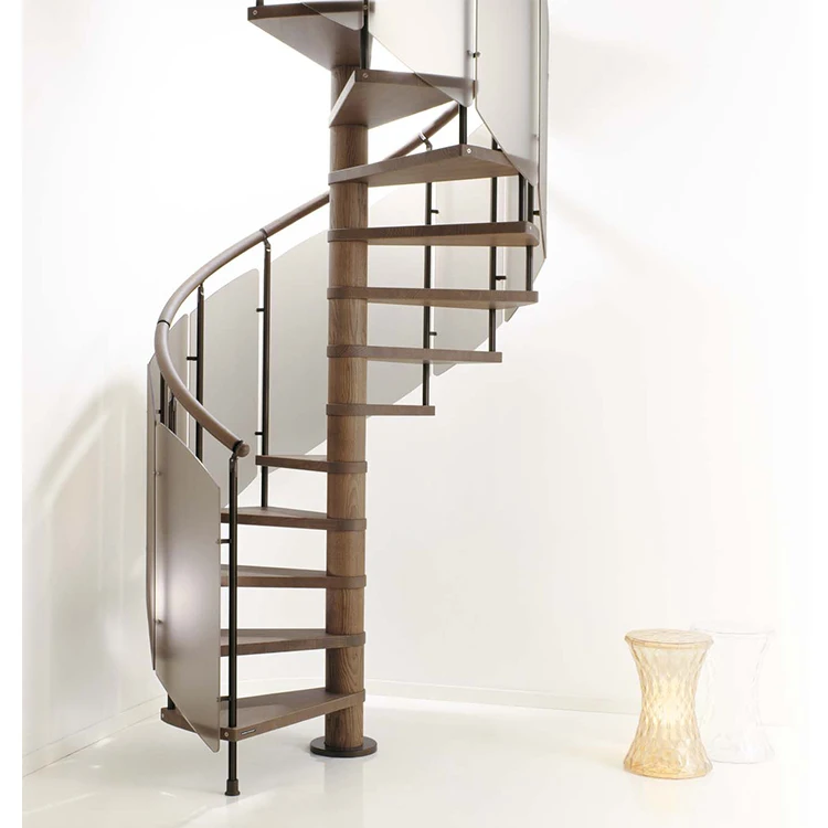 stainless steel interior curved glass wood stairs /punched hole metal railing/laminated glass glass stairs