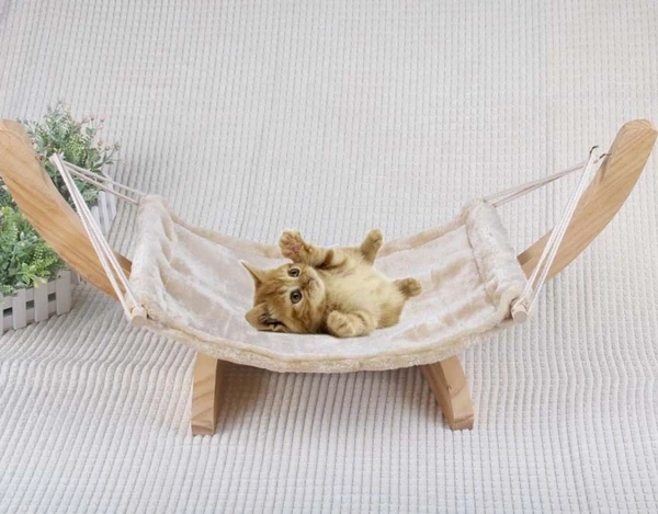 Wooden pet hammock swing with wood stand with soft comfortable cushion, cat hammock bed