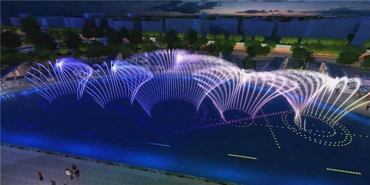 business music lake floating water fountain