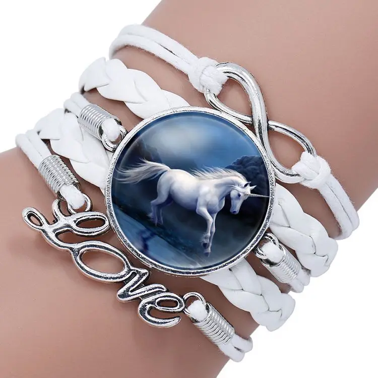 Hot sale time gem glass bracelet cartoon unicorn braided leather bracelet