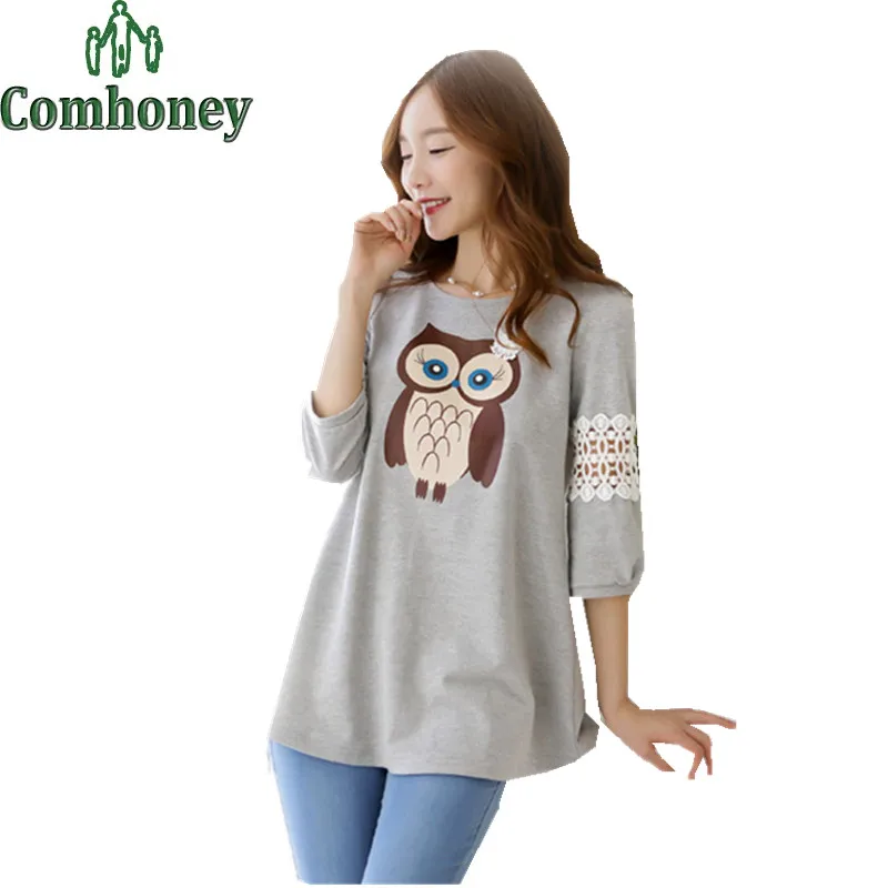 Owl Maternity Hoodie for Pregnant Women Clothes Long Sleeved Lace Shirt for Pregnancy Women Kangaroo Coat