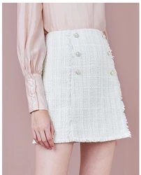 Women Fitting High Waisted Mini Length Pearl Button Jacquard Skirt