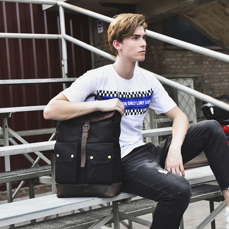 Vintage Men Student School Rucksack Laptop Bags wax Canvas Genuine Leather backpack