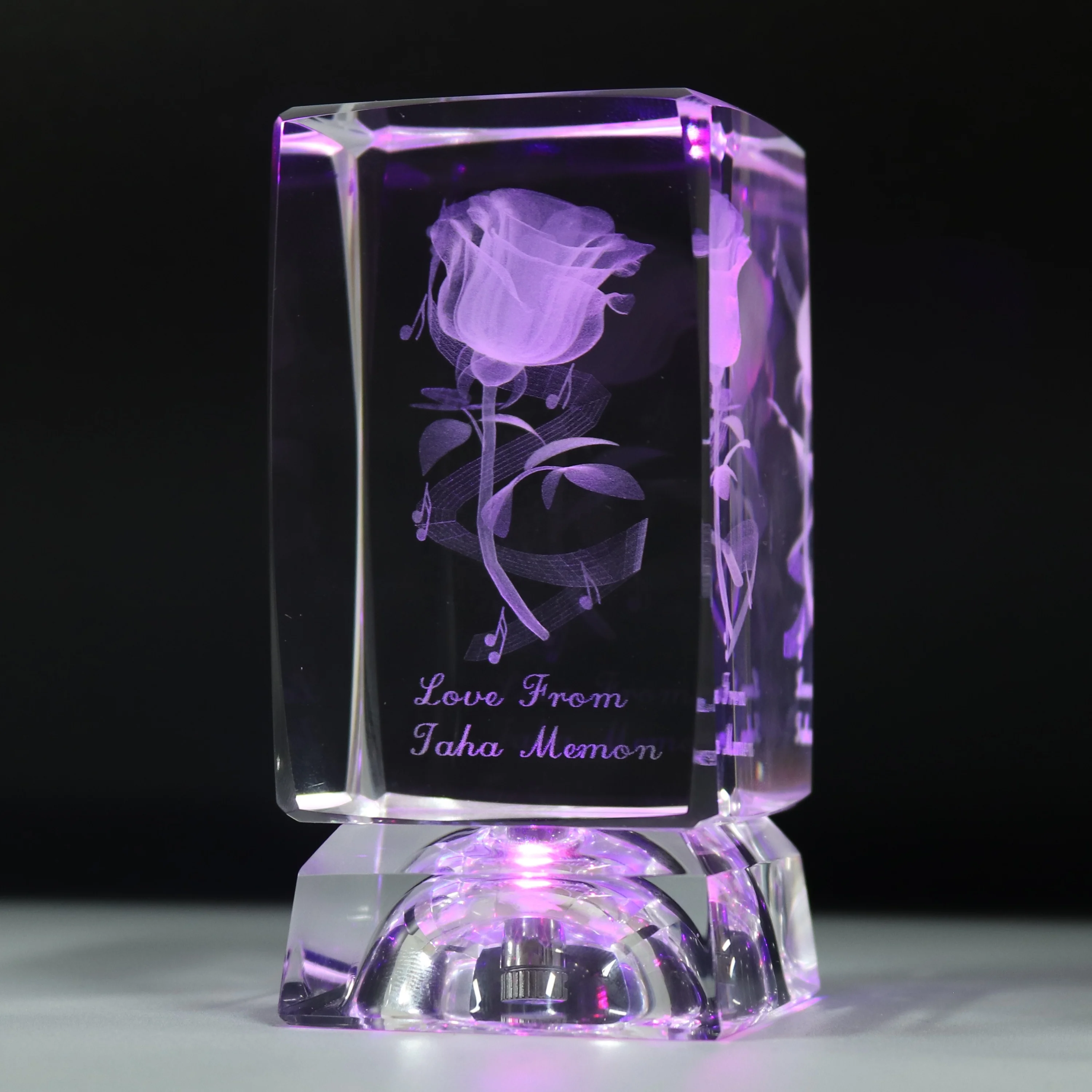 Wholesale 3D Laser Engraved Led Light Base Crystal Glass Rose Flower Cube For Wedding birthday Souvenir Guest Gifts