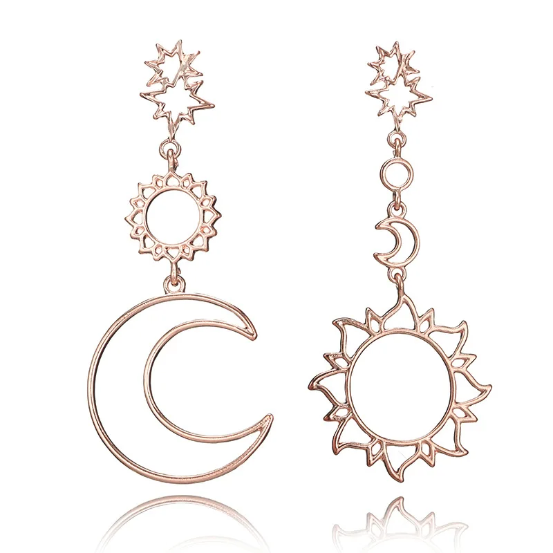 2019 Fashion Jewelry Women Long Drop Stud Earrings Rose Gold Vintage Hollow Sun Moon And Star Asymmetric Earrings Girls