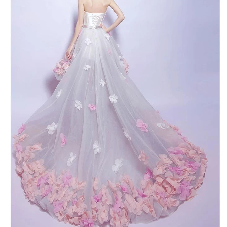 Wholesale Beatiful Short Front And Long Train Lace Applique Strapless Wedding Dress