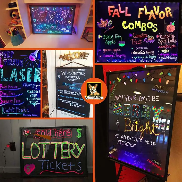 Деревянная Светодиодная доска для письма с подсветкой, 28X20 дюймов, мигающая, со стираемой неоновой вывеской, с 8 цветными маркерами