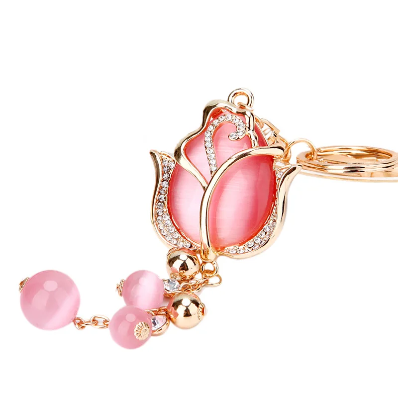 Оптовая продажа, брелок для ключей с кристаллами, опалом, розовым цветком, роза, металлический брелок для ключей для девочек, украшения для сумок, детские украшения, брелок для ключей, маленький подарок