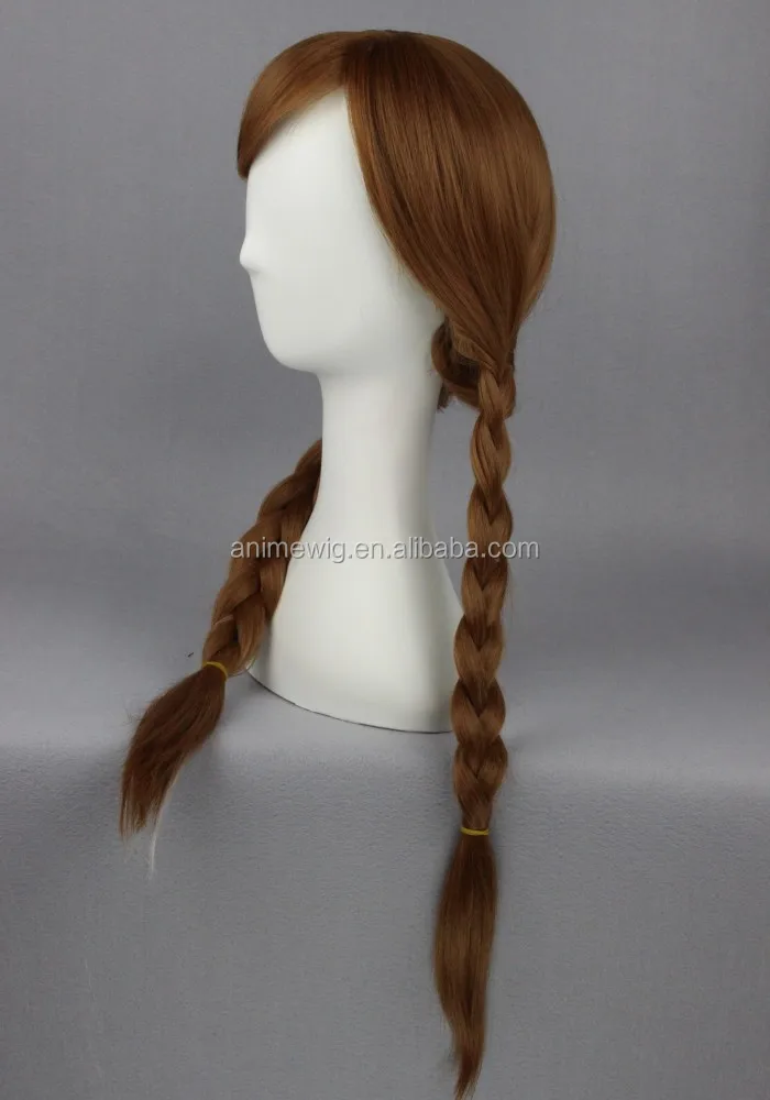 High Quality 55cm Long Brown Mixed Frozen Anna Wig Cosplay Synthetic AnimeTwo Braids Hair Cosplay Wig For Party