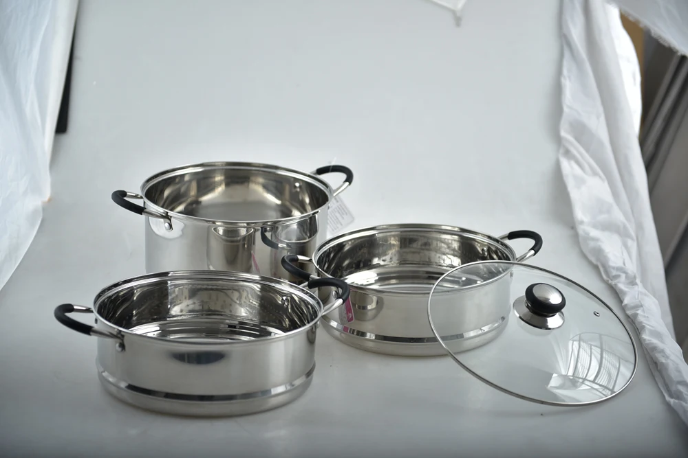 SKU In Stock 28cm 3 Tiers S/S Handle with Silica Gel Steamer Stainless Steel Pot Set LB-1867D