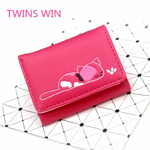 Yiwu market factory price top quality girls Short Cartoon cat design unique colorful leather elegance wallets wholesale 115